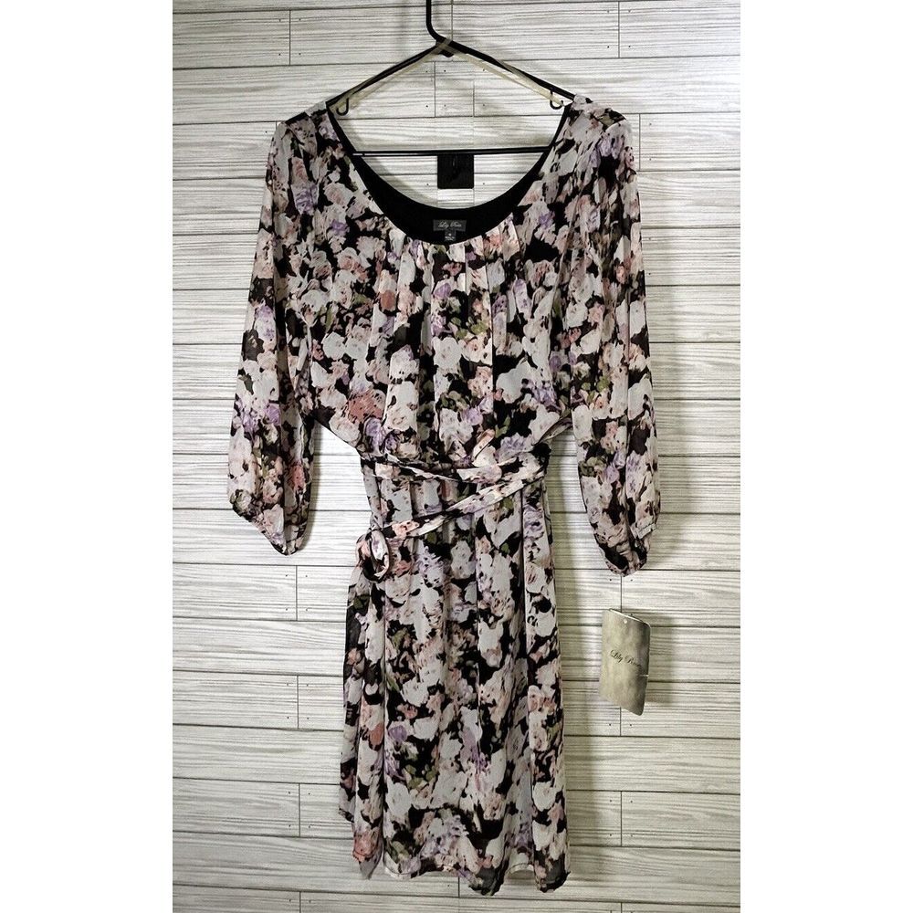 Lily Rose Black & Blush Floral Print 3/4 Sleeve Dress NWT Size Med Elastic Waist